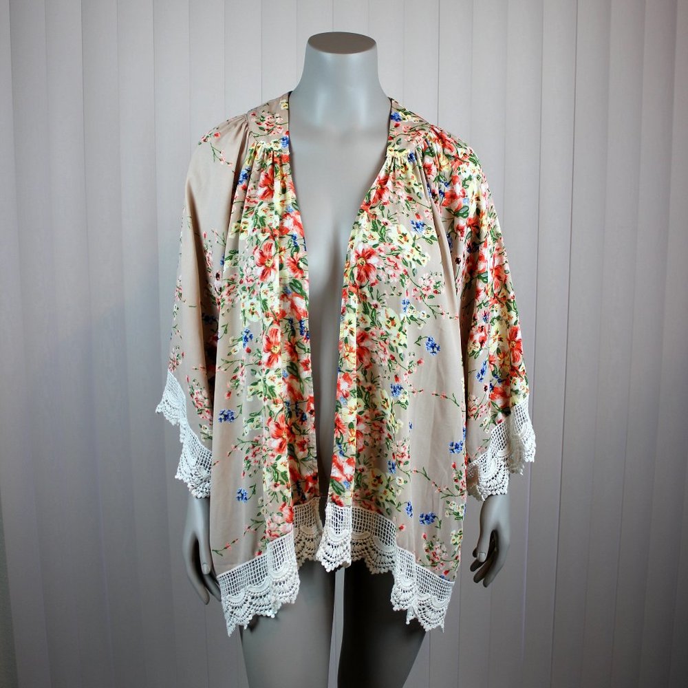 Umgee Floral Kimono Lace Trim Boho Duster Cardigan Lightweight M L